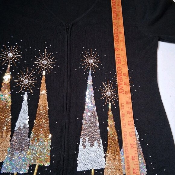 Berek Cardigan Sweater Women L Sequins Beaded Christmas Trees Pine Tree - Picture 4 of 12